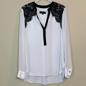 Karen Kane Sheer Blouse with Lace Shoulder Detail